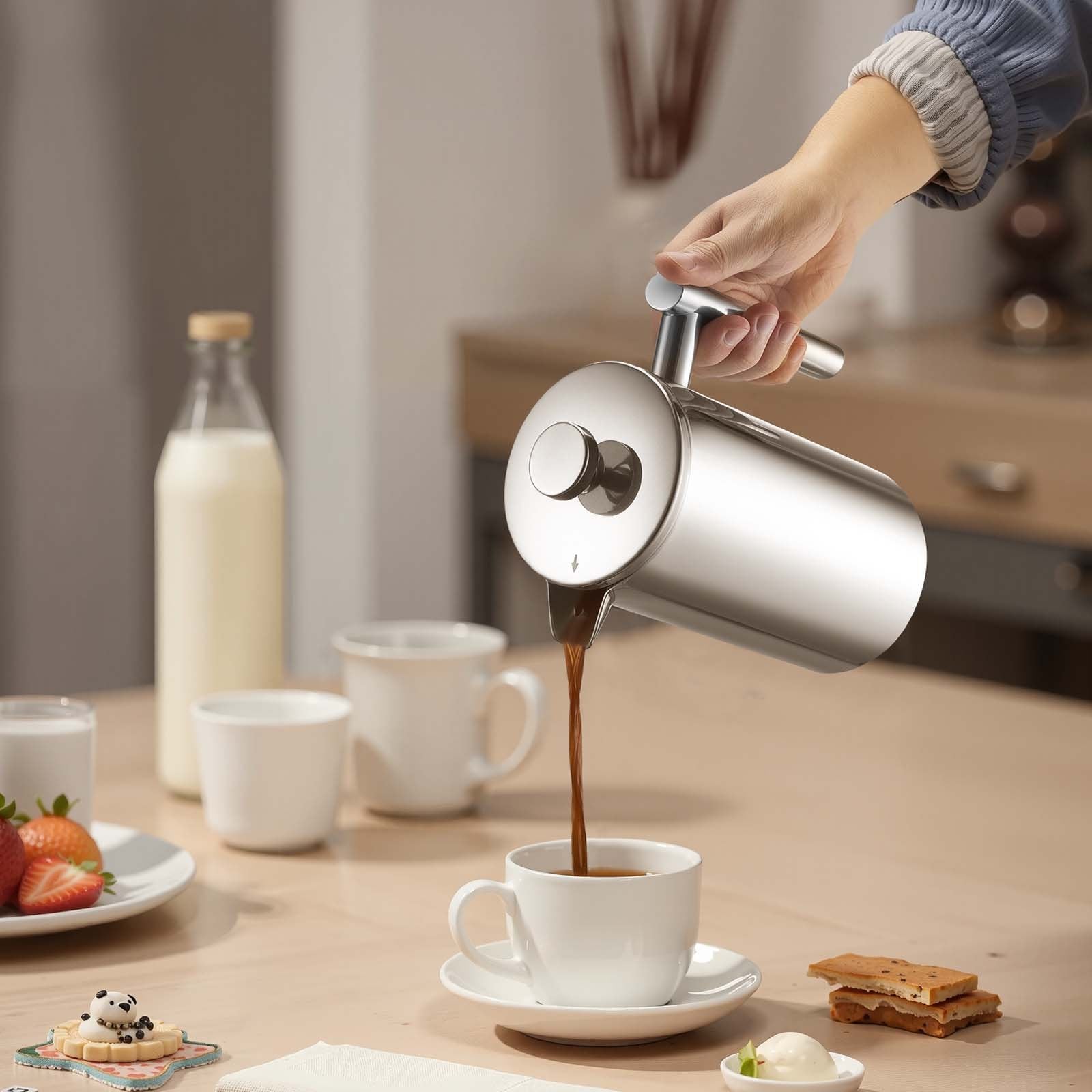 VEVOR French Press Coffee Maker, 1 Liter Stainless Steel Coffee Press Tea Maker with Filter, Large Double Wall Insulated French Presses Cold Brew for Camping Travel Home Kitchen, Silver