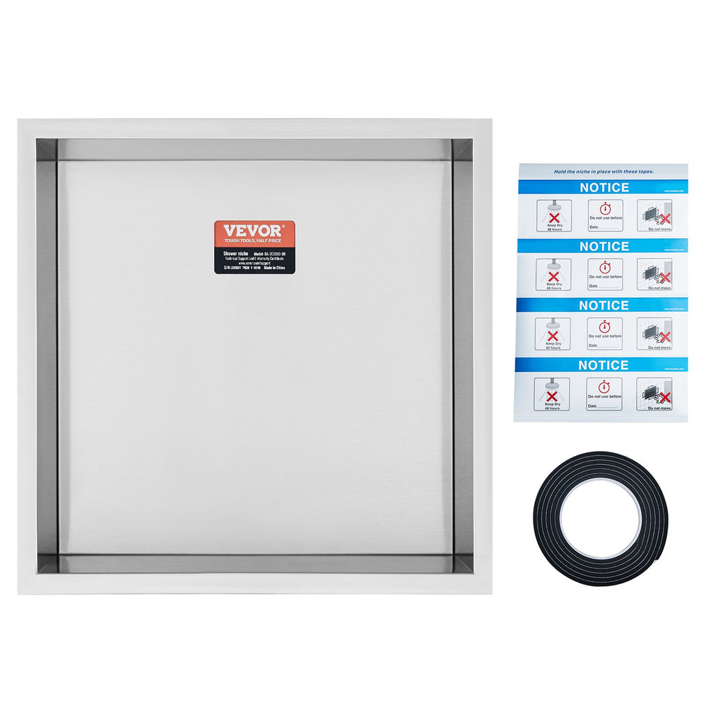 VEVOR 33.02 x 33.02 cm No Tile Shower Niche 304 Stainless Steel, Wall-Inserted Niche Recessed Double Shelves, Sealed Waterproof Rust-Resistant Modern Niche for Shower Bathroom Soap Storage, Silver