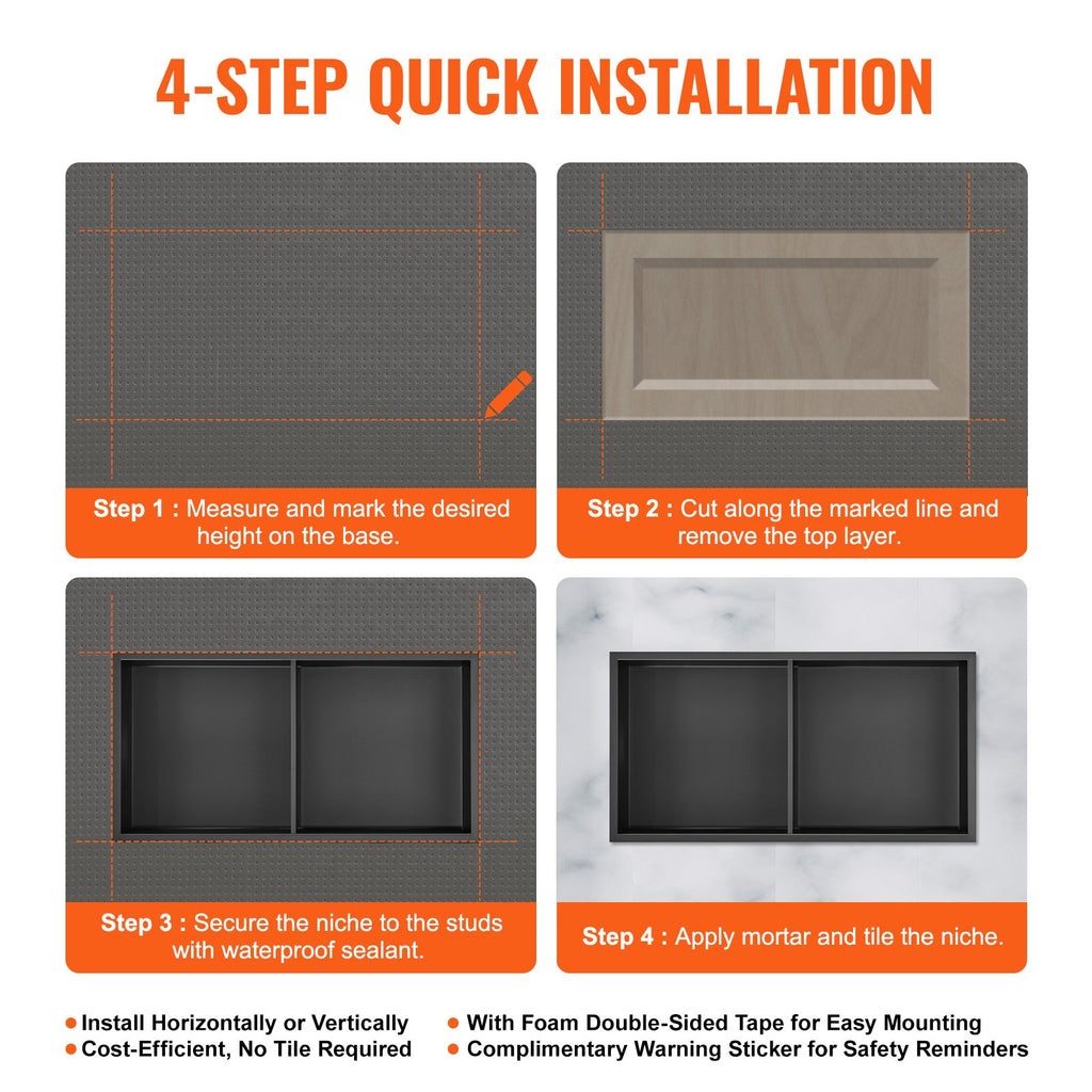 VEVOR 33.02 x 63.5 cm No Tile Shower Niche 304 Stainless Steel, Wall-Inserted Niche Recessed Double Shelves, Sealed Waterproof Rust-Resistant Modern Niche for Shower or Soap Storage Bathroom