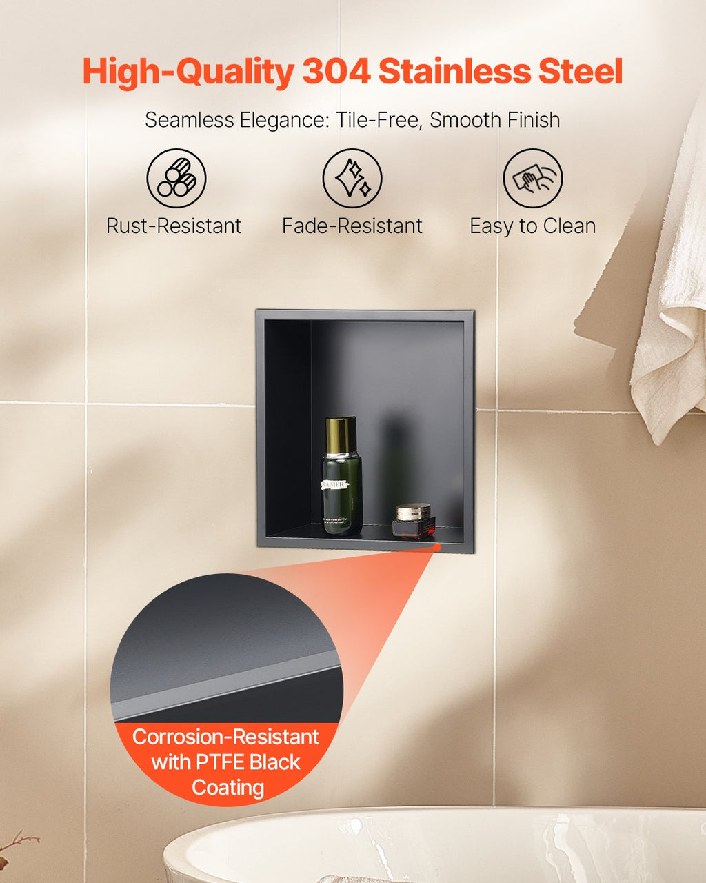 VEVOR Shower Niche, 33.0 x 33.0 x 10.2 cm Recessed Wall Niche, Heavy-duty Stainless Steel Modern Soap & Shampoo Storage Organizer, Sealed Waterproof, Durable & Easy to Install, Black for Bathroom