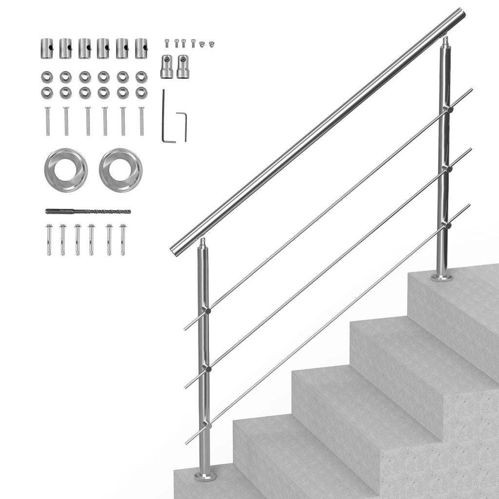 VEVOR Handrails for Outdoor Steps, 59 in Length 3 Crossbars Stair Hand Rail Kit, Transitional Stainless Steel Railings w/ Installation Kit, Double-column Staircase Handrails for Seniors,Porch & Deck