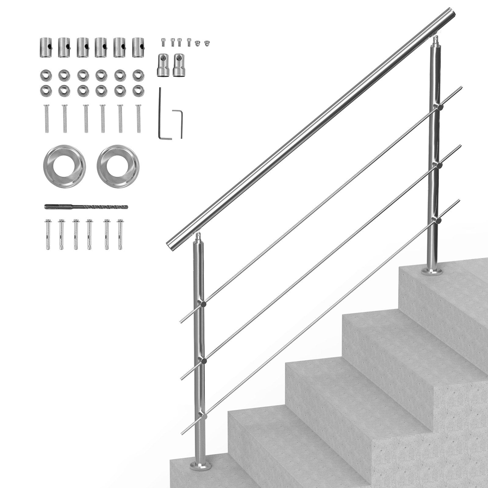 VEVOR Handrails for Outdoor Steps, 59 in Length 3 Crossbars Stair Hand Rail Kit, Transitional Stainless Steel Railings w/ Installation Kit, Double-column Staircase Handrails for Seniors,Porch & Deck