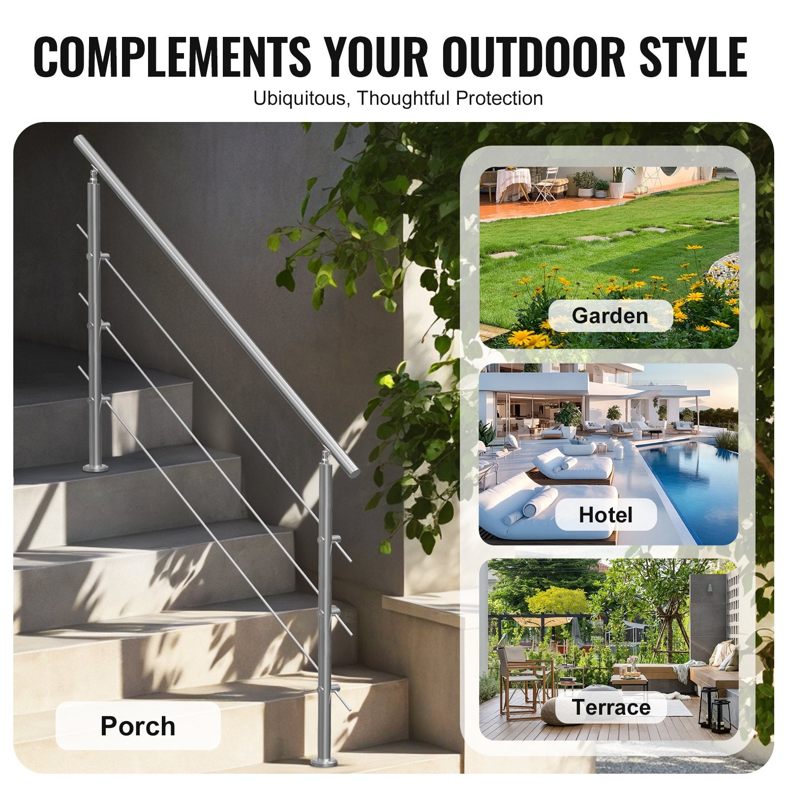 VEVOR Handrails for Outdoor Steps, 59 in Length 3 Crossbars Stair Hand Rail Kit, Transitional Stainless Steel Railings w/ Installation Kit, Double-column Staircase Handrails for Seniors,Porch & Deck