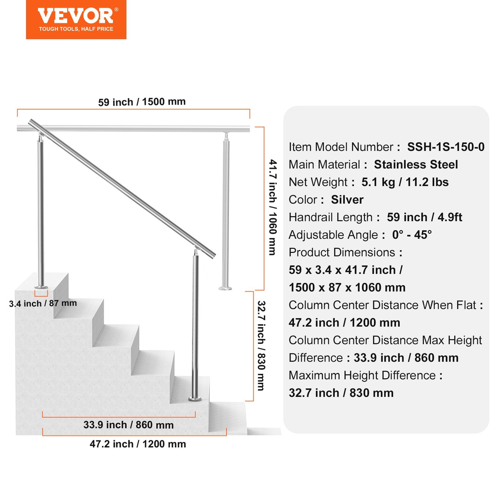 VEVOR Handrails for Outdoor Steps, 59 in/ 150cm Length Stair Hand Rail Kit, Transitional Stainless Steel Railings with Installation Kit, Double-column Staircase Handrails for Seniors,Porch & Deck