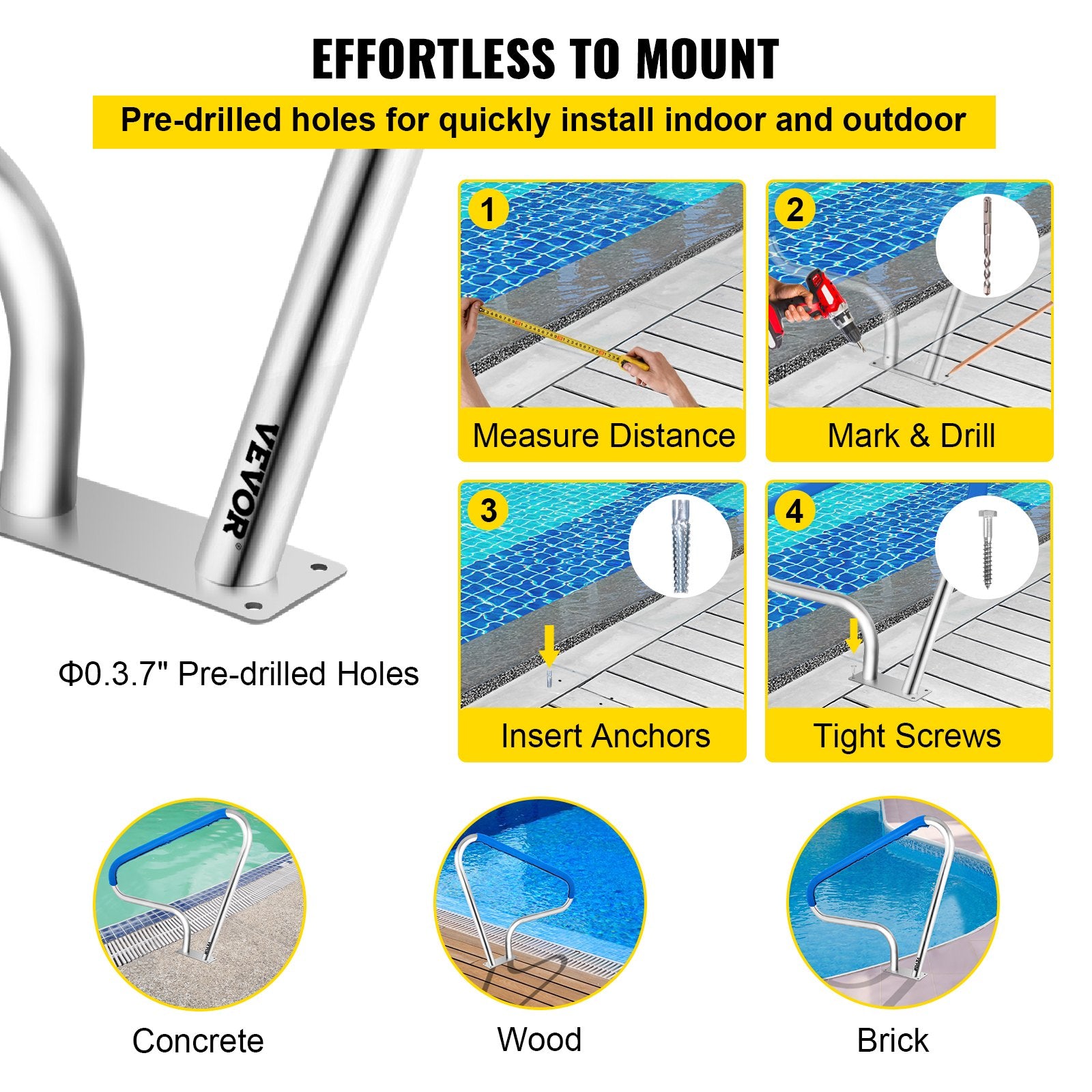 VEVOR Pool Rail 48x36 Pool Railing 304 Stainless Steel 250LBS Load Capacity Silver Rustproof Pool Handrail Humanized Swimming Pool Handrail with Blue Grip Cover & M8 Drill Bit & Self-Taping Screws