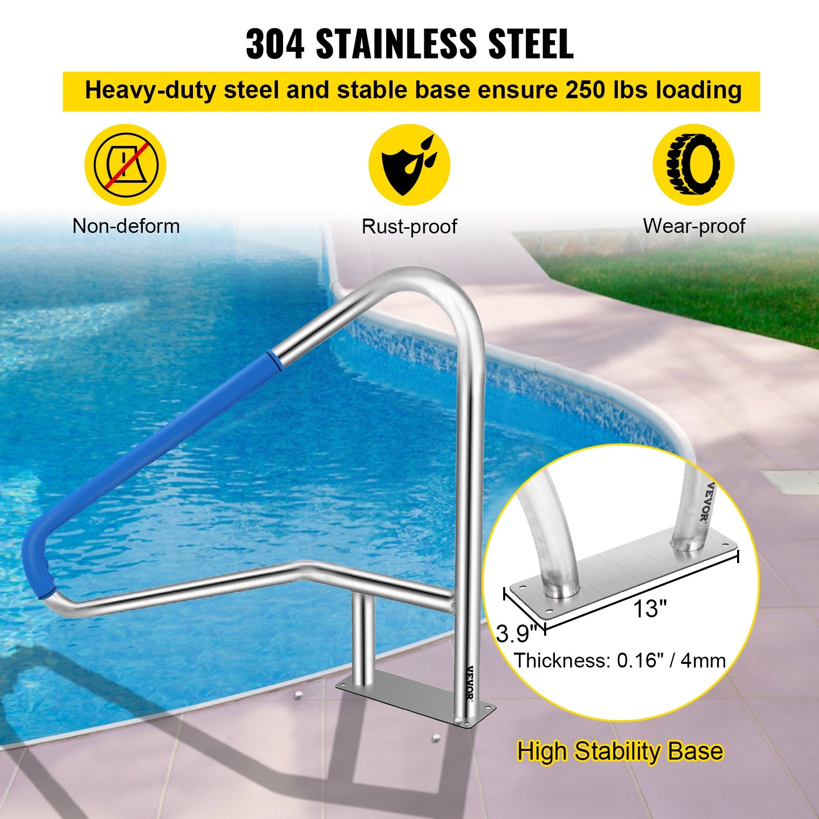 VEVOR Pool Rail 55x32 Pool Railing 304 Stainless Steel 250LBS Load Capacity Silver Rustproof Pool Handrail Humanized Swimming Pool Handrail with Blue Grip Cover & M8 Drill Bit & Self-Taping Screws