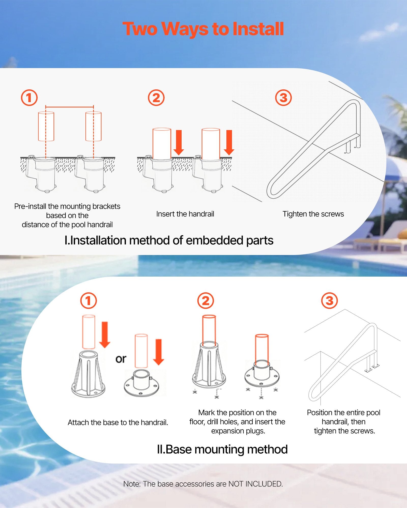 VEVOR Pool Rail, 137.1 x 81.3 cm Pool Handrail, 100kg Load Capacity Heavy Duty 304 Stainless Steel Swimming Handrail, Detachable Nonslip Sleeve, Recessed or Base Mount, for Poolside, Water Parks