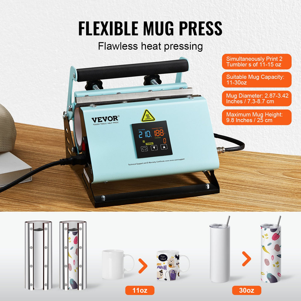 VEVOR 2 in 1 Tumbler and Hat Heat Press Machine Heat Machine for Caps Hats Mugs