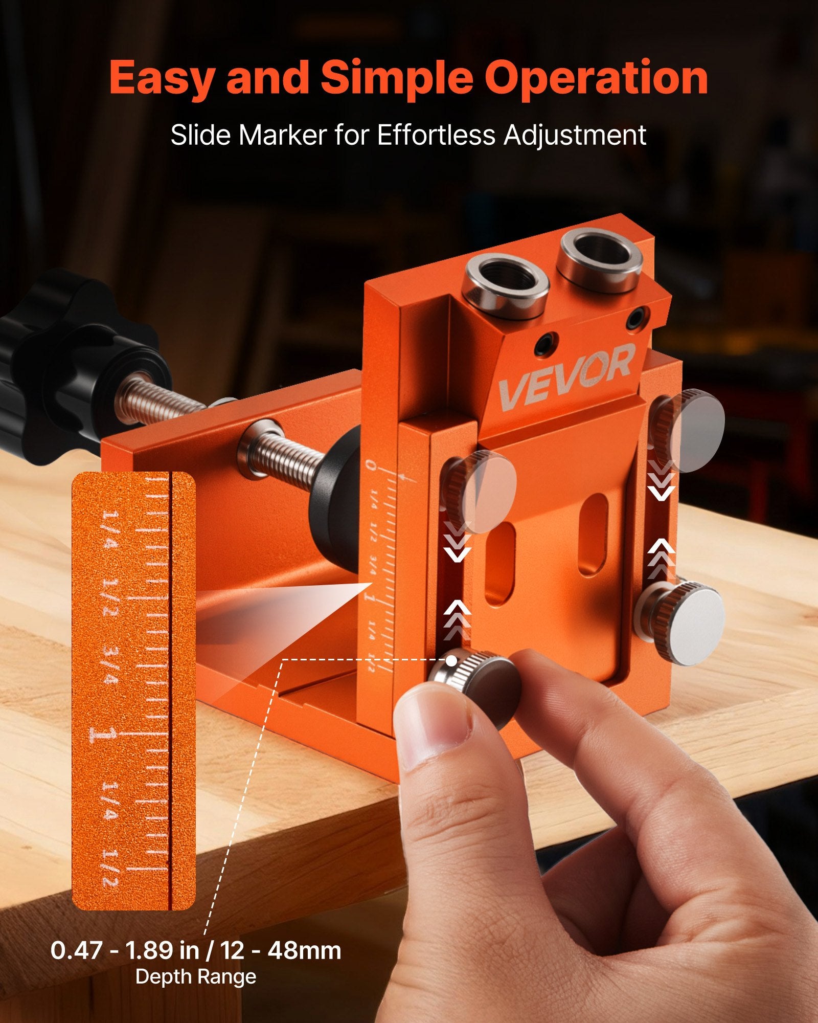 VEVOR Pocket Hole Jig Kit, 12 mm to 48 mm Adjustable, Jig Pocket Hole System with Step Drill, Hex Wrench, Drill Stop Ring, Square Drive Bit, Plugs and Screws, Reinforced Metal Frame, for Woodworking