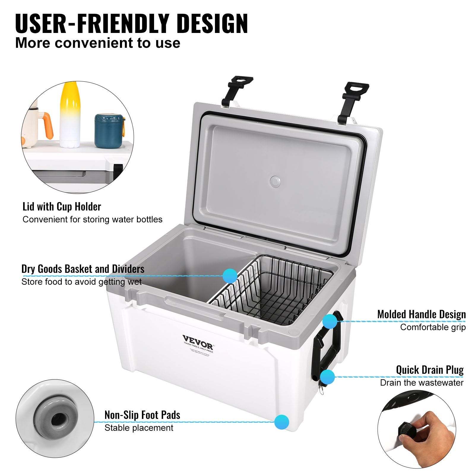 VEVOR Insulated Portable Cooler, 49 L, Holds 50 Cans, Ice Retention Hard Cooler with Heavy Duty Handle, Ice Chest Lunch Box for Camping, Beach, Picnic, Travel, Outdoor, Keeps Ice for up to 6 Days