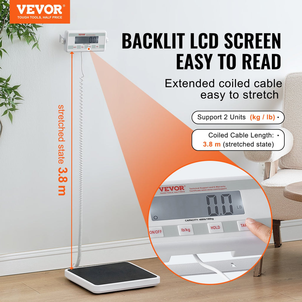 VEVOR Portable Medical Scale, Professional Digital Physician Scale for Weighing - with Anti-Slip Mat, 2 Units (kg/lb), Hold & Tare Function, 400LBS Capacity Physician Wight Scale for Gym Home Hospital