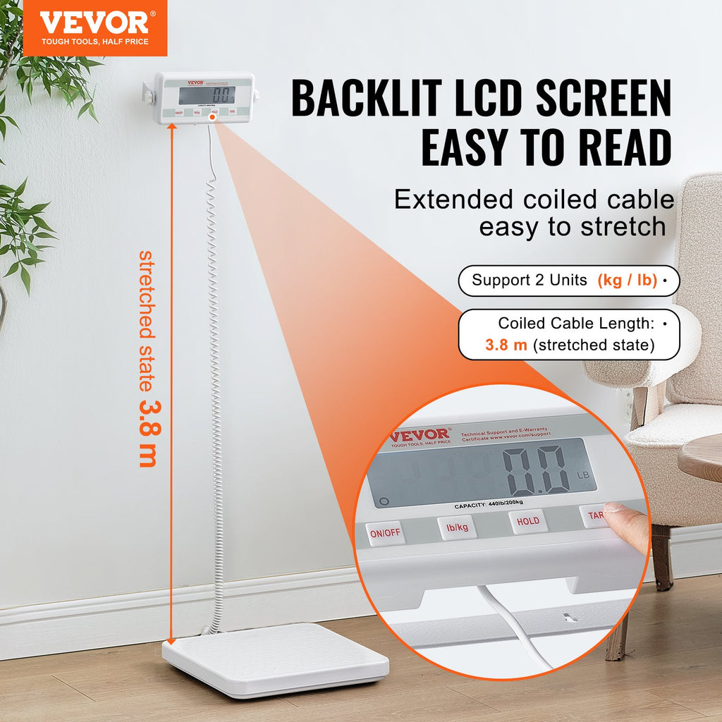 VEVOR Portable Medical Scale, Professional Digital Physician Scale for Weighing - with Anti-slip Platform, 2 Units, Hold & Tare Function, 440LBS Capacity Physician Weight Scale for Gyms Homes Hospital