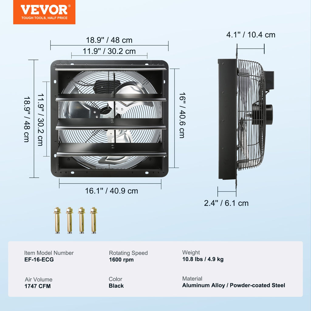 VEVOR Shutter Exhaust Fan, 406 mm /16inch with Temperature Humidity Controller, EC-motor, 1747 CFM, Variable Speed Adjustable Wall Mount Attic Fan, Ventilation and Cooling for Greenhouses, Garages, Sheds