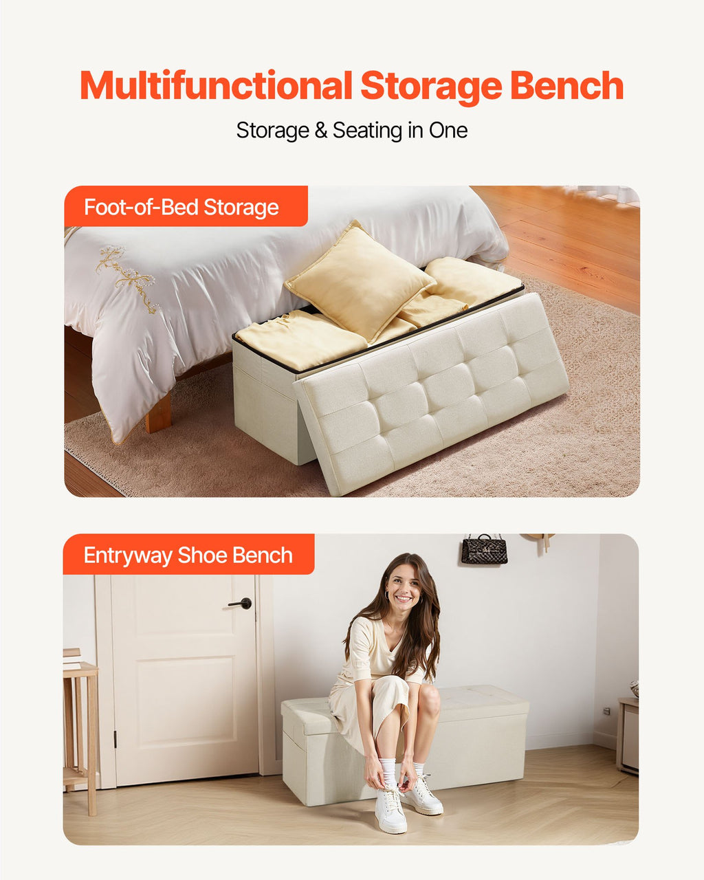 VEVOR Foldable Storage Ottoman Bench, End of Bed Bench with Side Bags, Folding Upholstered Storage Chest Supports 660 lbs, Linen Bed Ottoman with Large Space for Living Room, Bedroom, Entryway, Beige