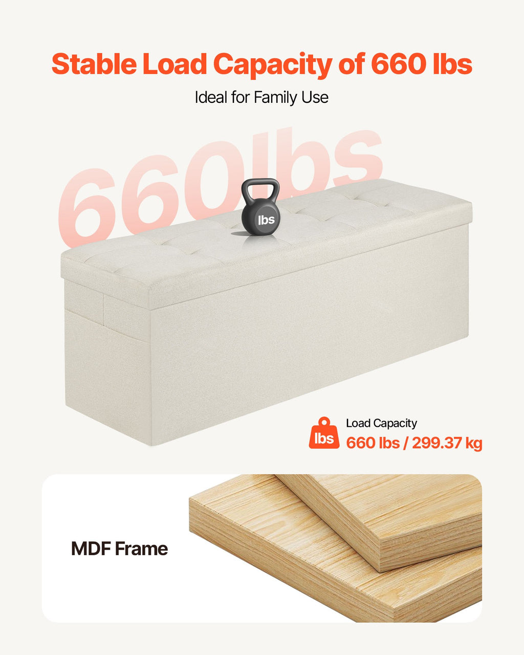 VEVOR Foldable Storage Ottoman Bench, End of Bed Bench with Side Bags, Folding Upholstered Storage Chest Supports 660 lbs, Linen Bed Ottoman with Large Space for Living Room, Bedroom, Entryway, Beige