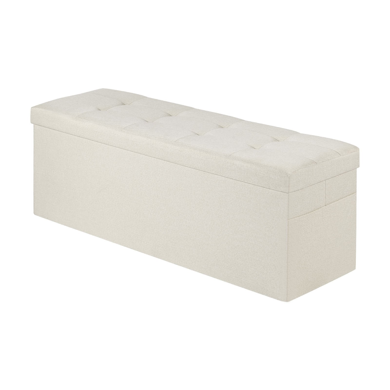 VEVOR Foldable Storage Ottoman Bench, End of Bed Bench with Side Bags, Folding Upholstered Storage Chest Supports 660 lbs, Linen Bed Ottoman with Large Space for Living Room, Bedroom, Entryway, Beige
