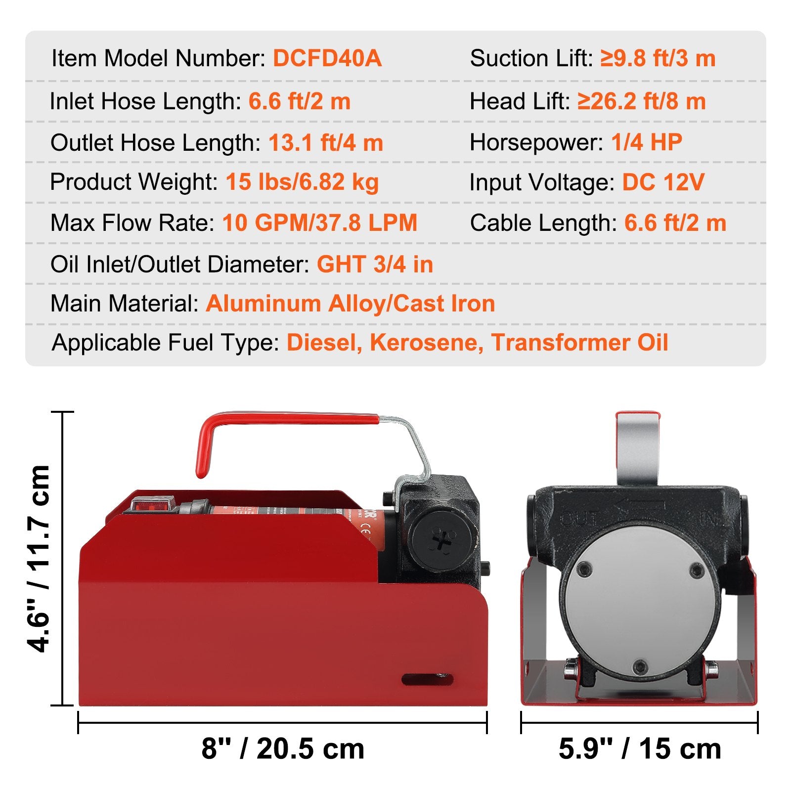 VEVOR Fuel Transfer Pump, 12V DC, 10 GPM, 8 m Lift, Portable Electric Diesel Transfer Extractor Pump Kit with Automatic Shut-off Nozzle, Delivery & Suction Hose for Diesel, Kerosene, Transformer Oil