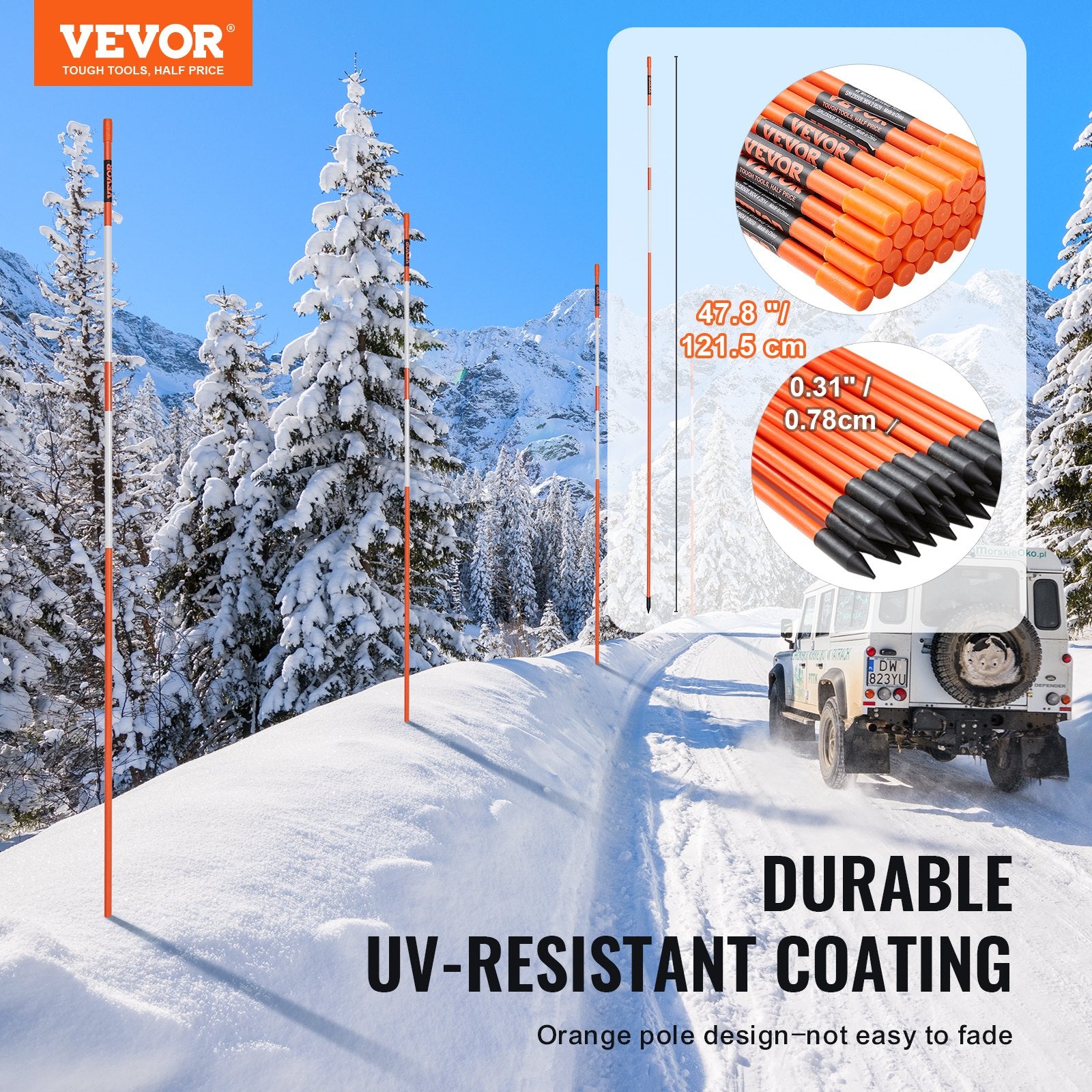 VEVOR Driveway Markers, 50 PCS 121.5 cm, 0.78 cm Diameter Orange Fiberglass Poles Snow Stakes with Reflective Tape, 30 cm Steel Drill Bit & Protection Gloves for Parking Lots, Walkways Easy Visibility