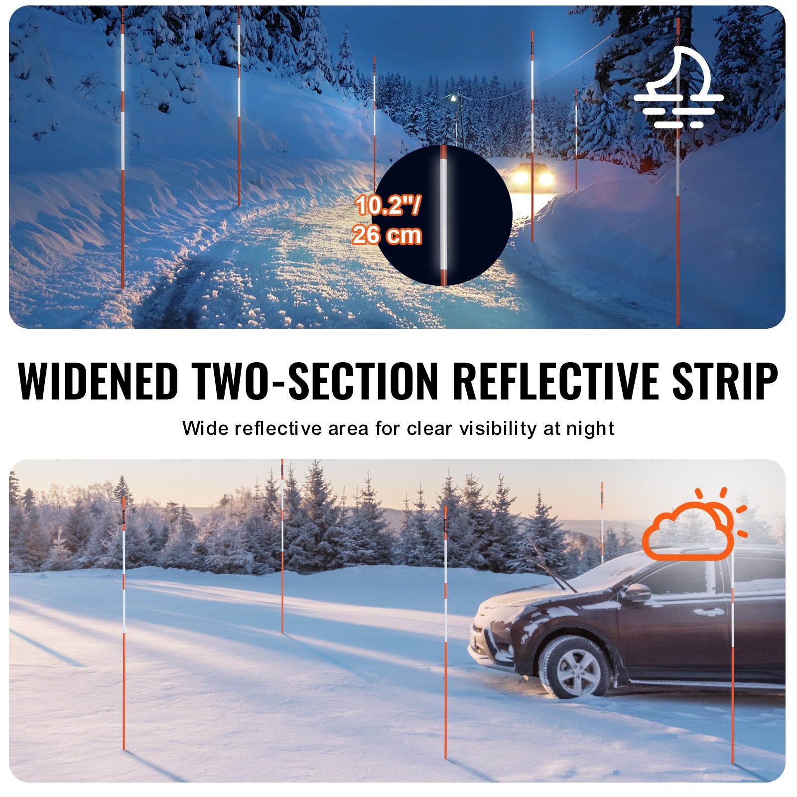 VEVOR Driveway Markers, 50 PCS 121.5 cm, 0.78 cm Diameter Orange Fiberglass Poles Snow Stakes with Reflective Tape, 30 cm Steel Drill Bit & Protection Gloves for Parking Lots, Walkways Easy Visibility
