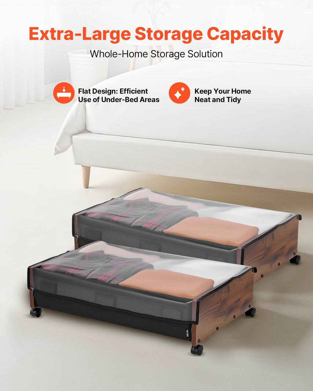 VEVOR Under Bed Storage with Wheels, 650 x 460 x 180 mm Underbed Containers, Underbed Shoes Organizer with Lockable Wheels, Rolling Under the Bed Storage Bins for Clothes, Shoes, Blankets, 2 Pack