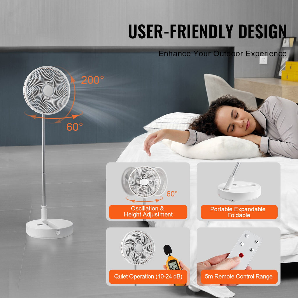 VEVOR 12 Inch Foldable Oscillating Standing Fan with Remote Control, 4 Speed Adjustable Portable Desk Quiet Fan, 7200mah Rechargeable USB Small Fan, Folded Rotating Floor Fan for Bedroom Office Travel