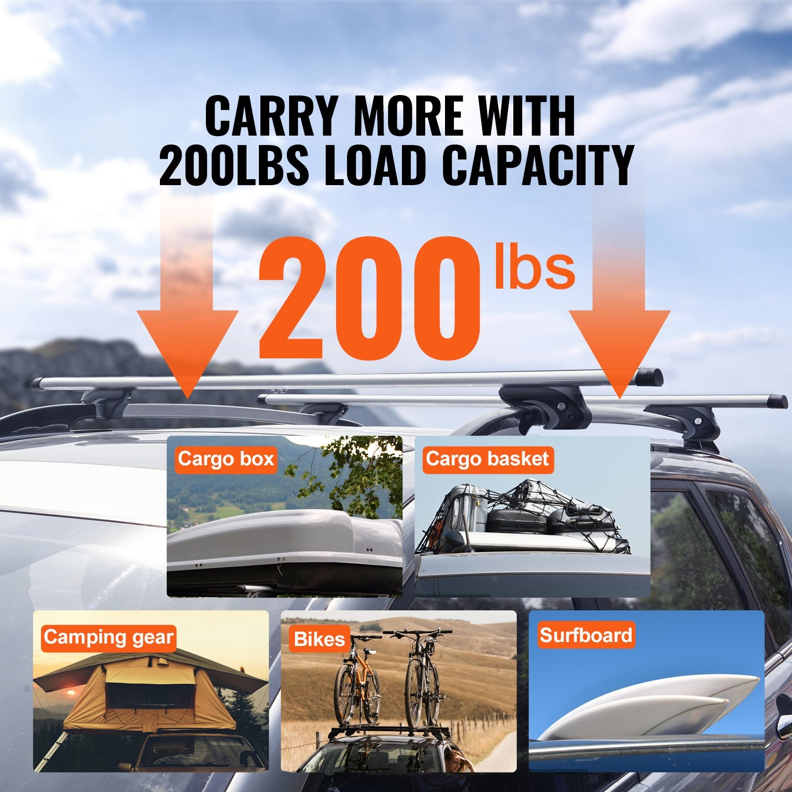 VEVOR Roof Rack Cross Bars, Aluminum Roof Rack Crossbars, Fit Raised Side Rail with Gap, 90 kg Load Capacity, Adjustable Crossbars with Locks, for SUVs, Sedans, and Vans