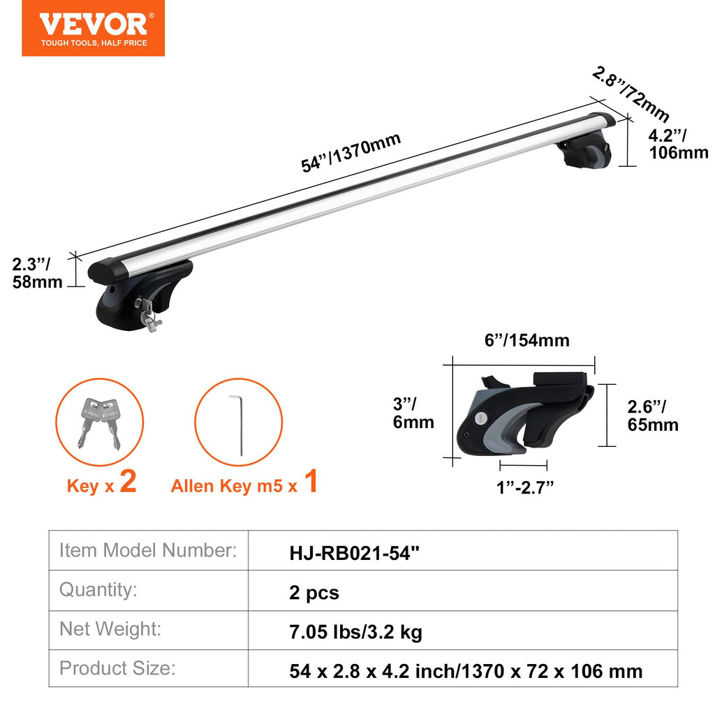 VEVOR Roof Rack Cross Bars, Aluminum Roof Rack Crossbars, Fit Raised Side Rail with Gap, 90 kg Load Capacity, Adjustable Crossbars with Locks, for SUVs, Sedans, and Vans