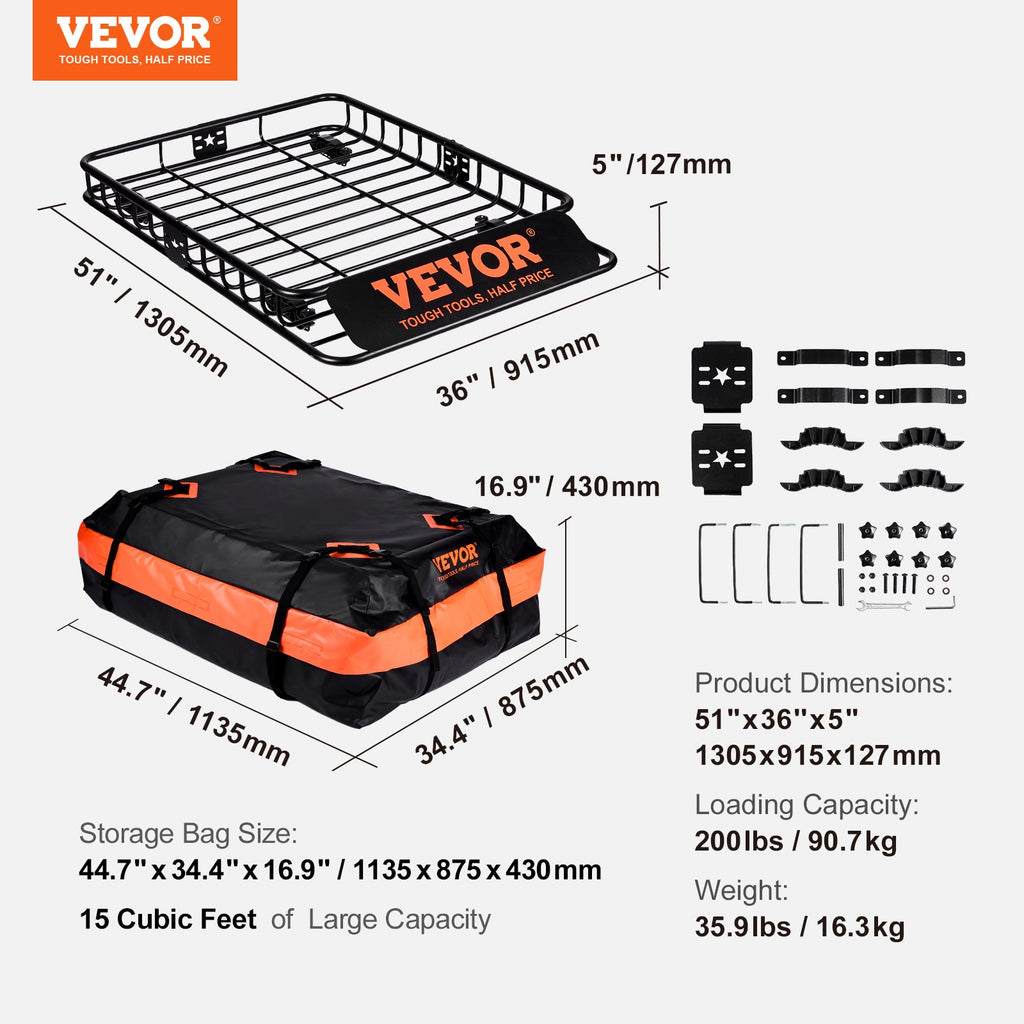 VEVOR Roof Rack Cargo Basket 200 LBS 51"x36"x5" for SUV Truck with Luggage Bag