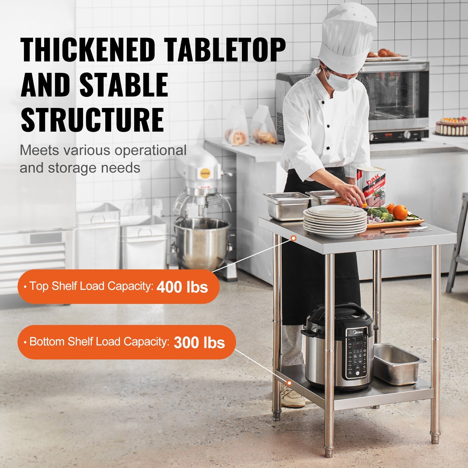 VEVOR Stainless Steel Prep Table, 24 x 24 x 34 Inch, Heavy Duty Metal Worktable with 3 Adjustable Height Levels, Commercial Workstation for Kitchen Garage Restaurant Backyard