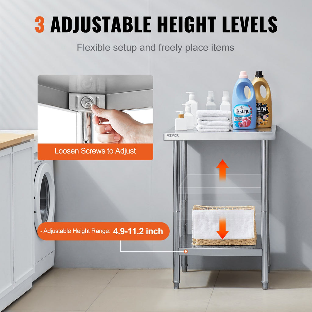 VEVOR Stainless Steel Prep Table, 24 x 24 x 34 Inch, Heavy Duty Metal Worktable with 3 Adjustable Height Levels, Commercial Workstation for Kitchen Garage Restaurant Backyard