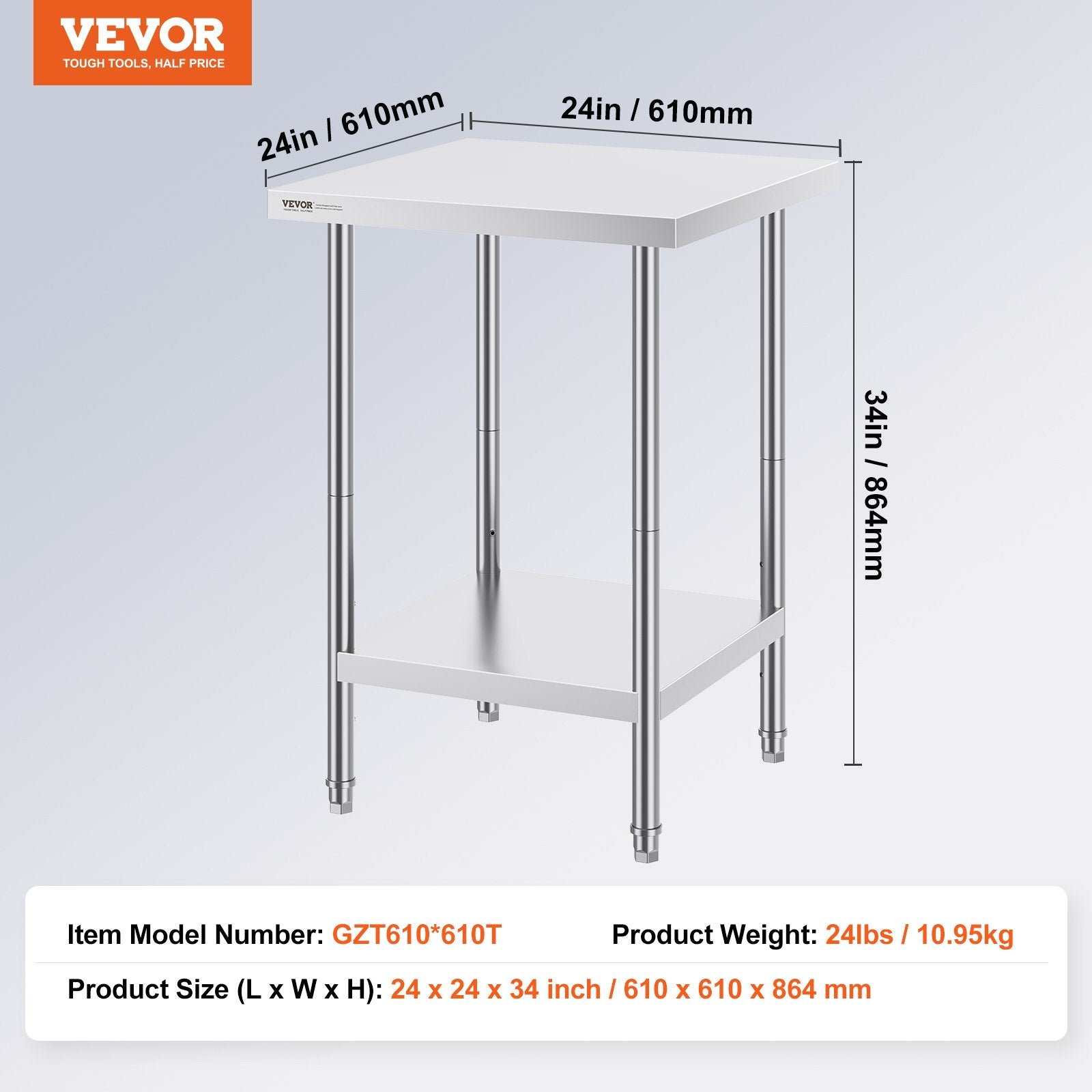 VEVOR Stainless Steel Prep Table, 24 x 24 x 34 Inch, Heavy Duty Metal Worktable with 3 Adjustable Height Levels, Commercial Workstation for Kitchen Garage Restaurant Backyard