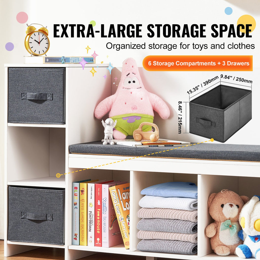 VEVOR Kids Reading Nook Bench, Toddler Bookshelf and Bookcase with Detachable Seat Cushion, 6-Cubby Storage Organizer Bench with 3 Drawers, Ideal for Playroom, Bedroom, Living Room or Entryway, White