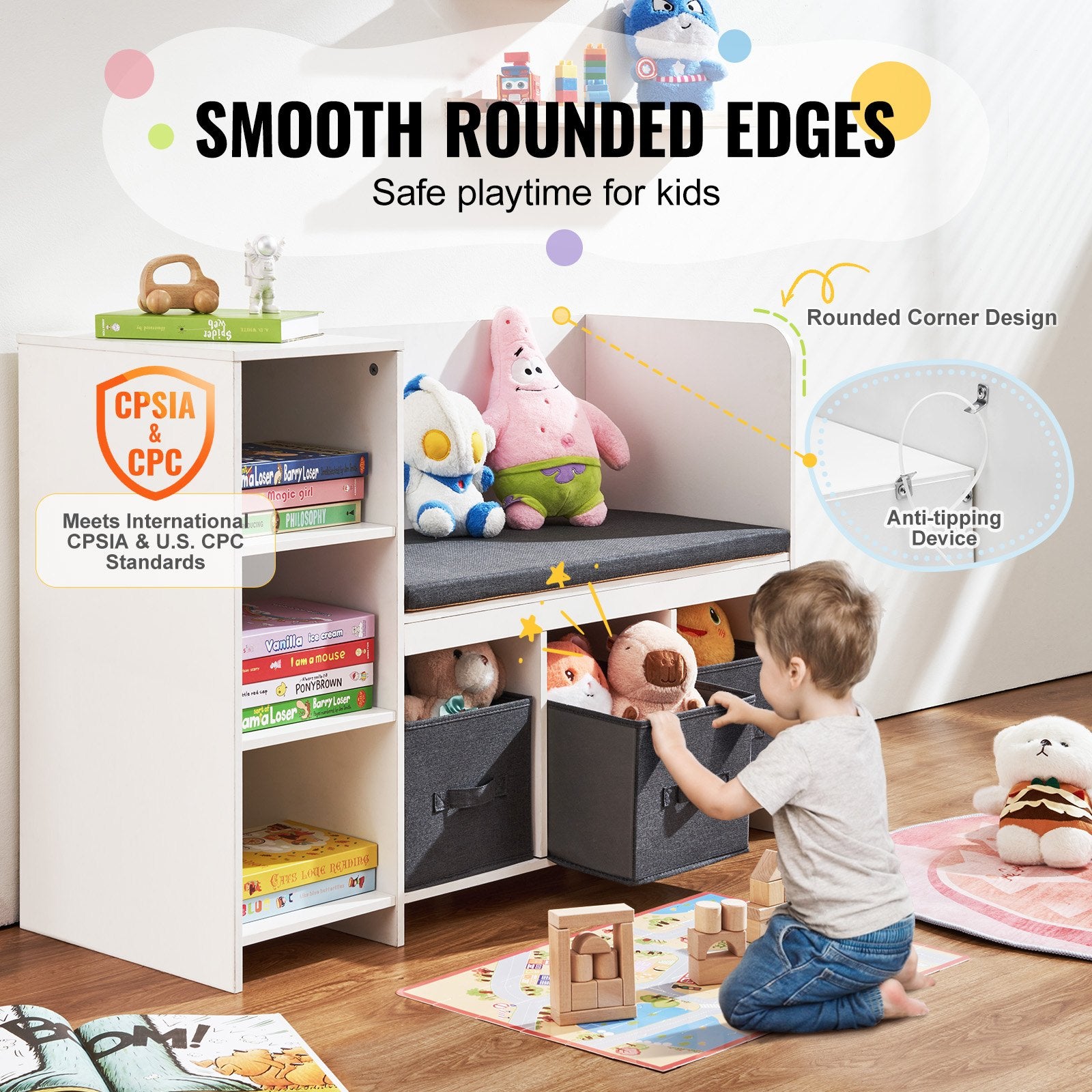 VEVOR Kids Reading Nook Bench, Toddler Bookshelf and Bookcase with Detachable Seat Cushion, 6-Cubby Storage Organizer Bench with 3 Drawers, Ideal for Playroom, Bedroom, Living Room or Entryway, White