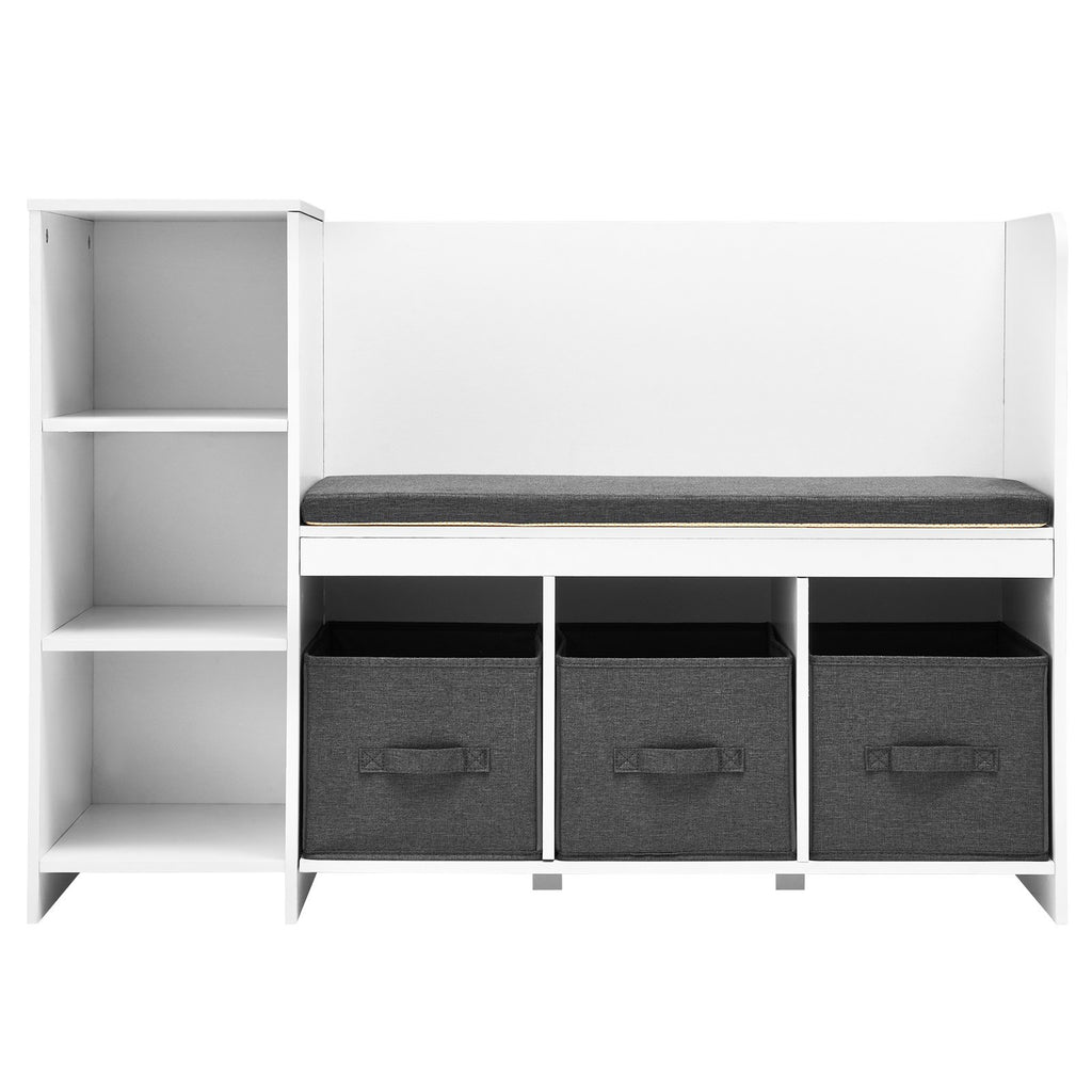 VEVOR Kids Reading Nook Bench, Toddler Bookshelf and Bookcase with Detachable Seat Cushion, 6-Cubby Storage Organizer Bench with 3 Drawers, Ideal for Playroom, Bedroom, Living Room or Entryway, White