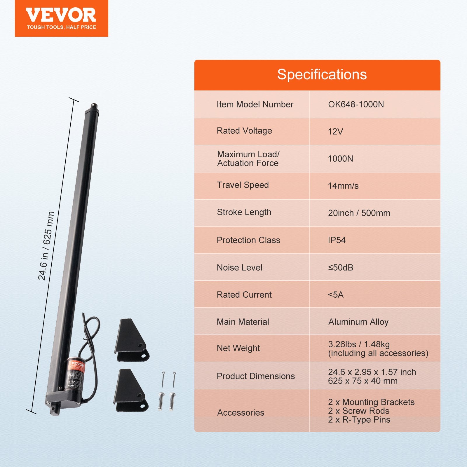 VEVOR Linear Actuator 12V, 20 Inch High Speed 0.55"/s Linear Actuator, 220lbs/1000N Linear Motion Actuator with Mounting Bracket and IP54 Protection