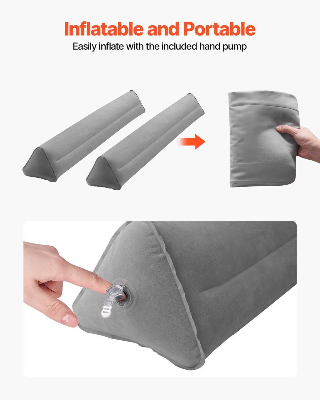 VEVOR Bed Bumper for Toddlers, 47.4-inch Inflatable Bed Guard Rail with Hand Pump, Non-Slip Flocking Toddler Bedrail Bumper for Twin, Full, Queen & King Beds, Lightweight and Portable (2 Packs)