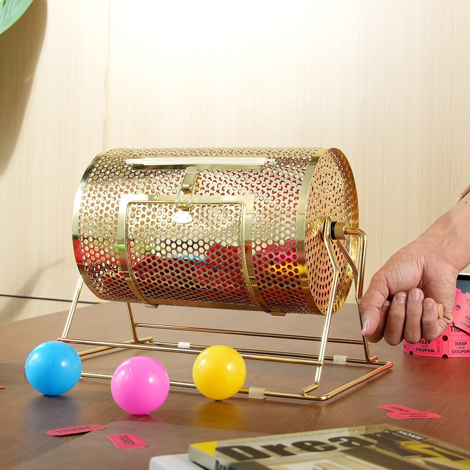 VEVOR Raffle Drum, 11.6 x Ø7.48 inch Brass Plated Raffle Ticket Spinning Cage, Holds 2500 Tickets or 100 Ping Pong Balls, Metal Lottery Spinning Drawing with Wooden Turning Handle, for Bingo Ballot Pa