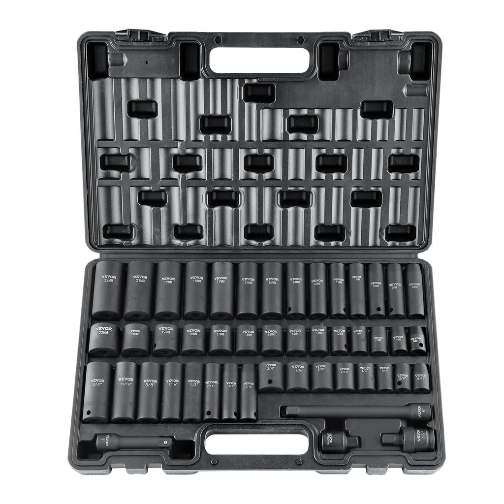VEVOR 3/8" Drive Impact Socket Set, 48 Piece Socket Set SAE （5/16" -3/4"） & Metric （8-22mm）6 Point Cr-V Drive Extension Bar Universal Joint & Power Drill Adapter Includes Storage Case