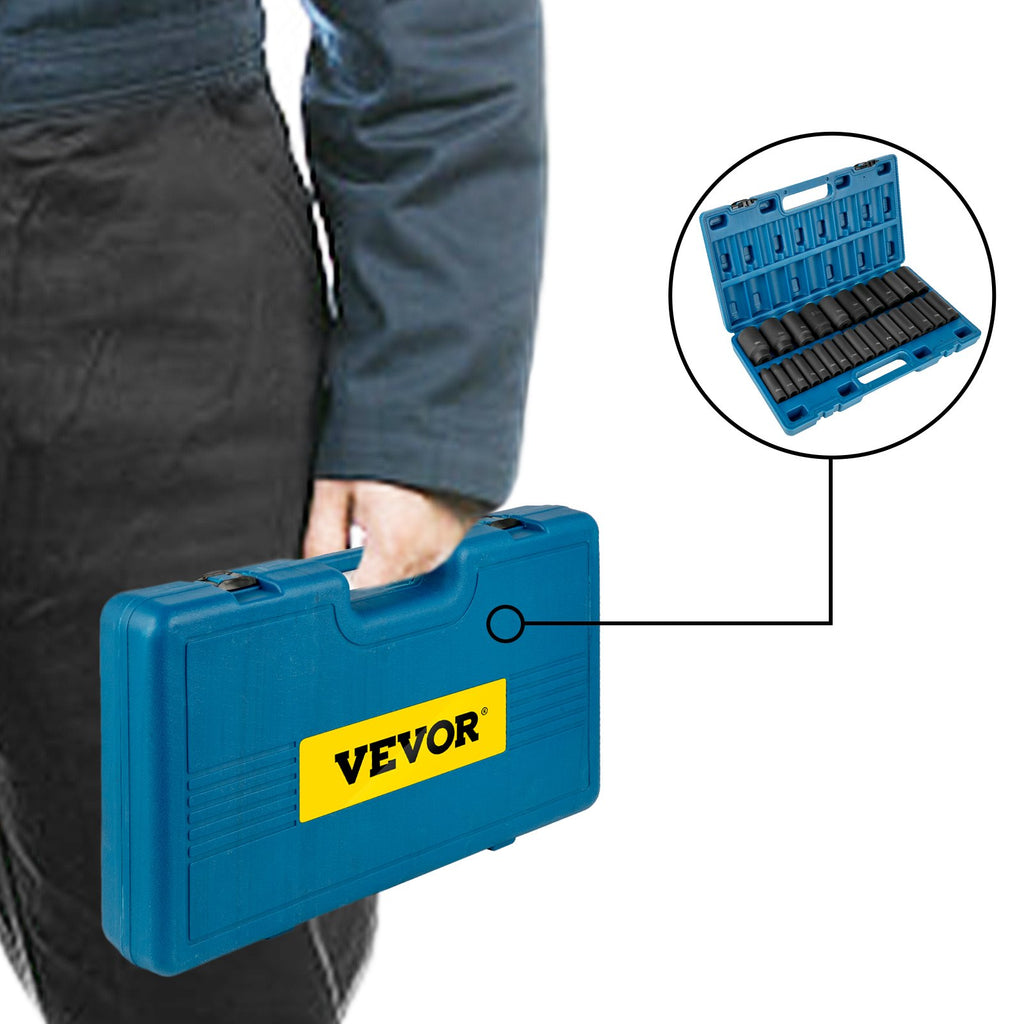 VEVOR Impact Sockets Set 1/2 Inch Drive 26 PCS Metric 10mm - 36mm Deep 6-Point Set