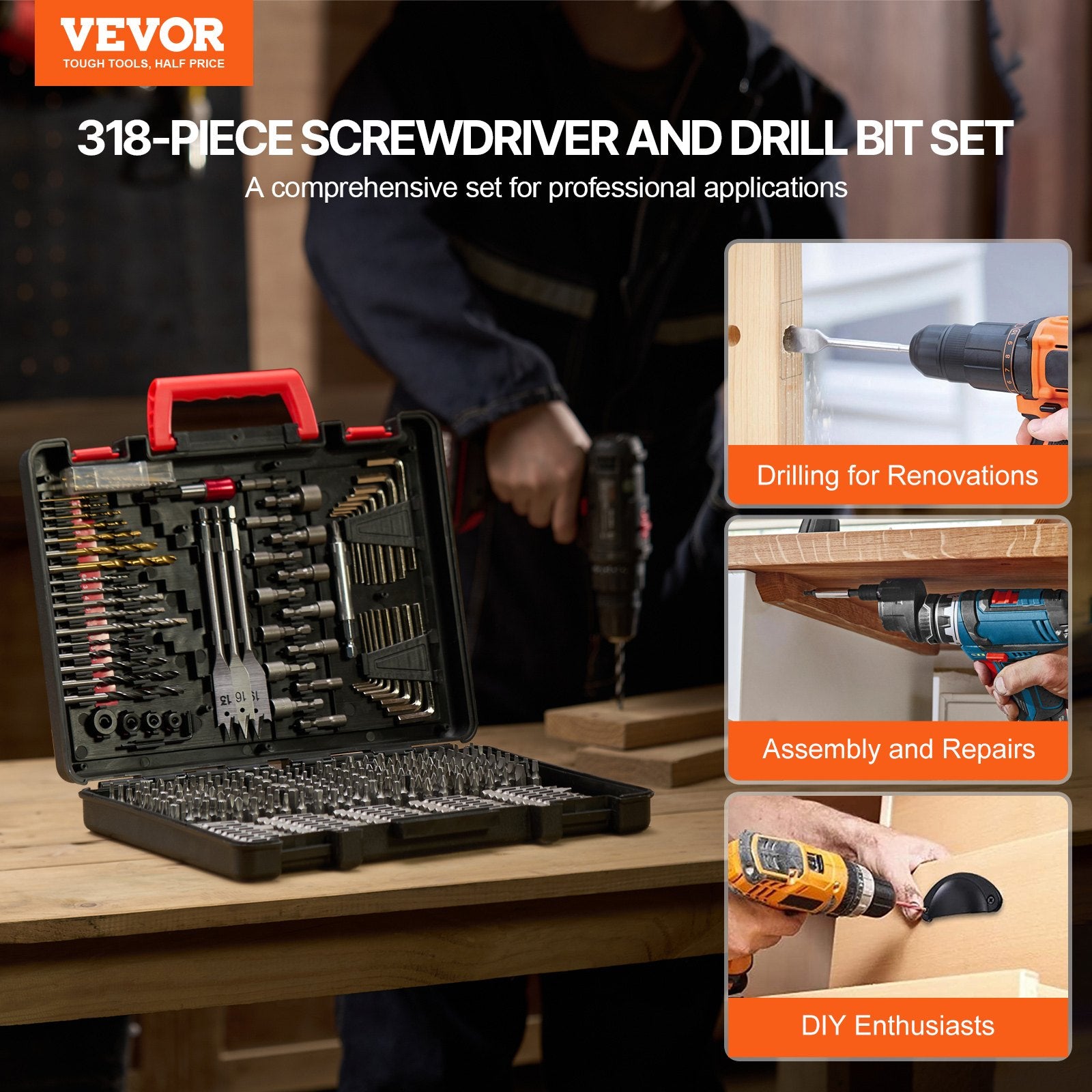 VEVOR Drill Bit Set, 318 Pieces Drill and Driver Bit Set, Screwdriver Bit Set Suitable for Wood Metal Cement Drilling and Screw Driving, Drill Bit Sets Combo Kit Assorted in Organized Carrying Case