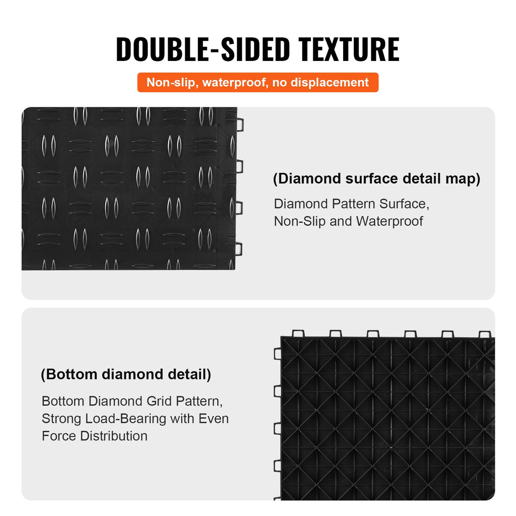 VEVOR Garage Tiles Interlocking, 12 x 12 x 0.53 inch 50 Pack Garage Floor Covering Tiles, Non-Slip Double-Sided Texture Garage Flooring Tiles, for Garages, Basements, Repair Shops, Black