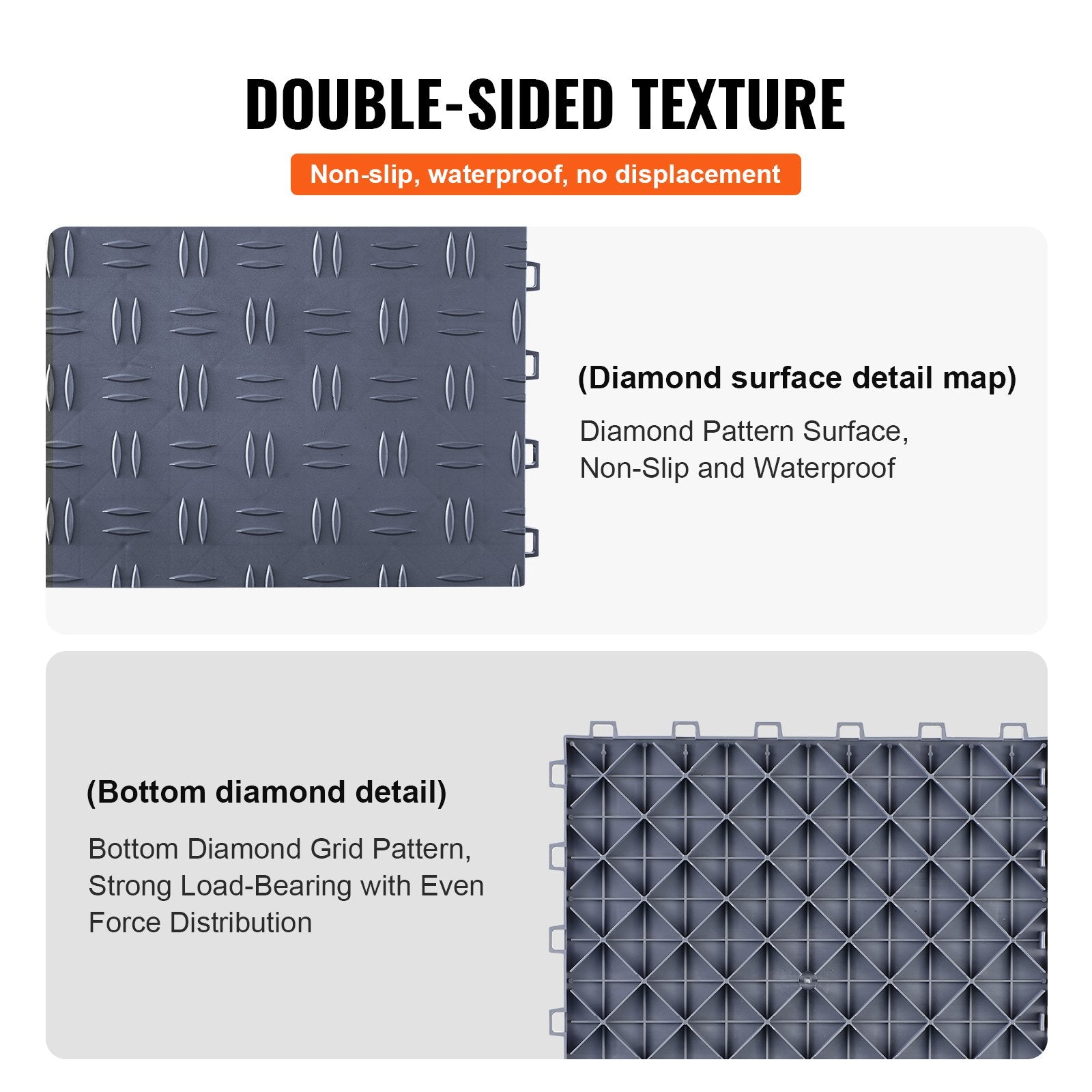 VEVOR Garage Tiles Interlocking, 12 x 12 x 0.53 inch 50 Pack Garage Floor Covering Tiles, Non-Slip Double-Sided Texture Garage Flooring Tiles, for Garages, Basements, Repair Shops, Graphite Gray
