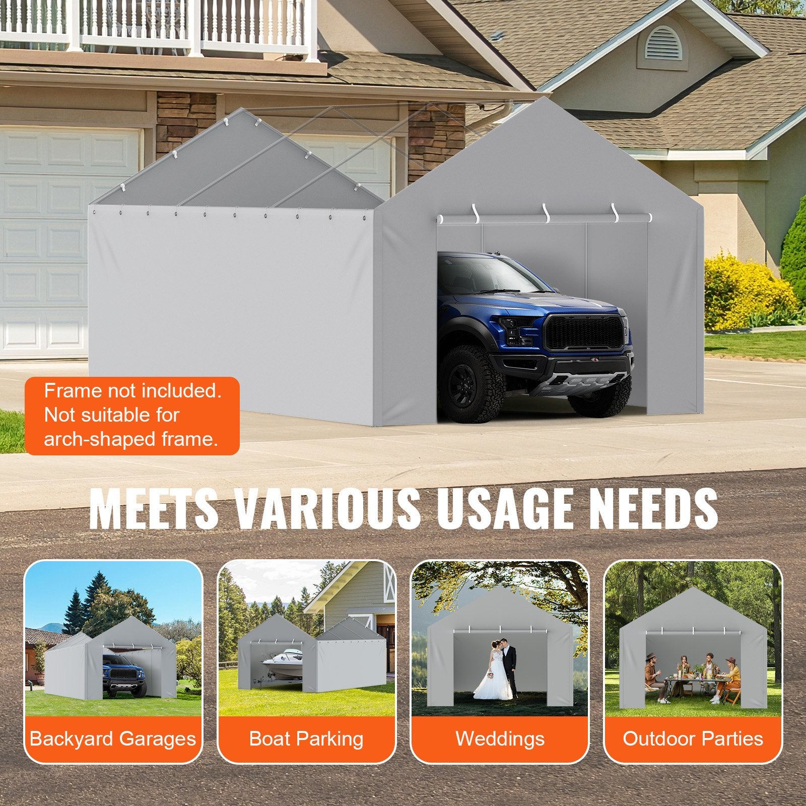 VEVOR Carport Replacement Canopy Cover Side Wall 6 x 3.6 m, Garage Tent Shelter Tarp Heavy-Duty Waterproof & UV Protected, Easy Installation with Ball Bungees,Grey (Top and Frame Not Included)