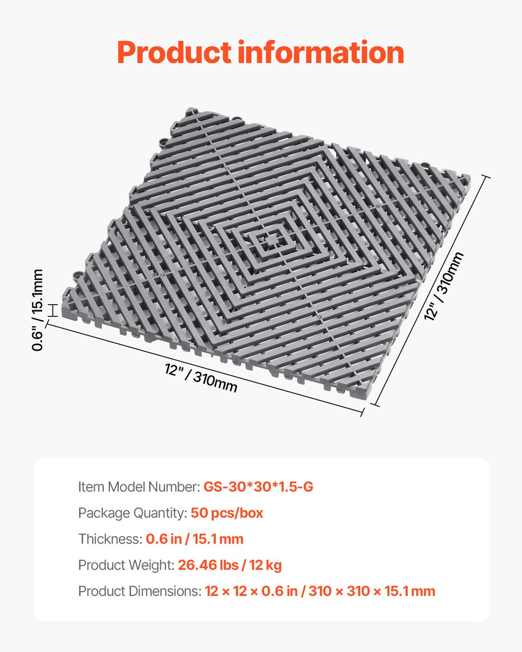 VEVOR Interlocking Drainage Mat, 31 x 31 cm Modular Interlocking Cushion, 50 Pcs Splicing Drainage Mats, Non-Slip Gray PP Drainage Floor Tile and Shower Mat, for Garage, Garden, Kitchen & Outdoor