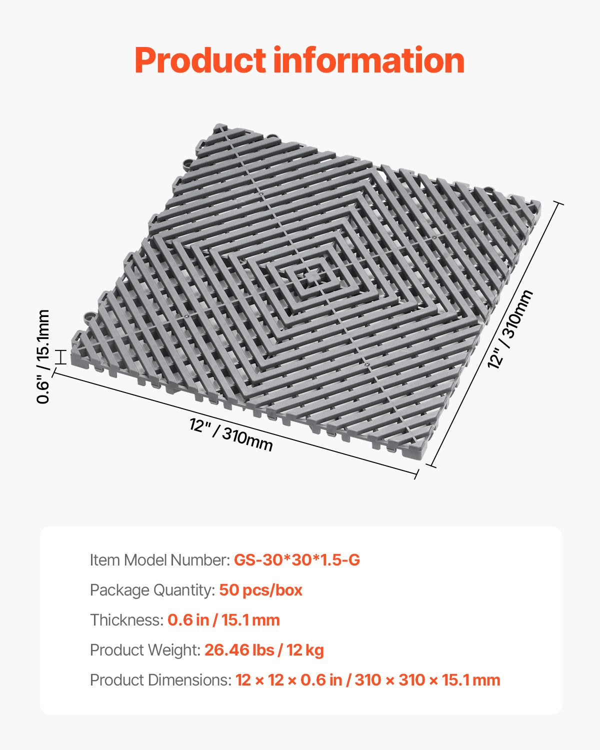 VEVOR Interlocking Drainage Mat, 31 x 31 cm Modular Interlocking Cushion, 50 Pcs Splicing Drainage Mats, Non-Slip Gray PP Drainage Floor Tile and Shower Mat, for Garage, Garden, Kitchen & Outdoor