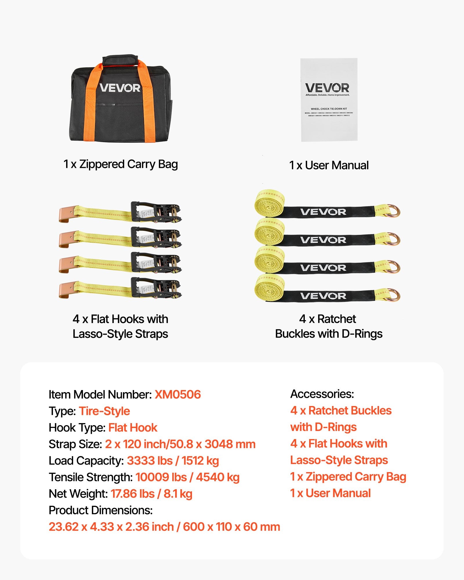 VEVOR Wheel Chock Tie-Down Kit, Tire-Style Motorcycle Tie-Down System, Car Tie Down Kit with Flat Hook, Break Strength 4540 kg & Working Load 1512 kg Trailer Tie Down Strap for ATVs, SUVs, Trailers
