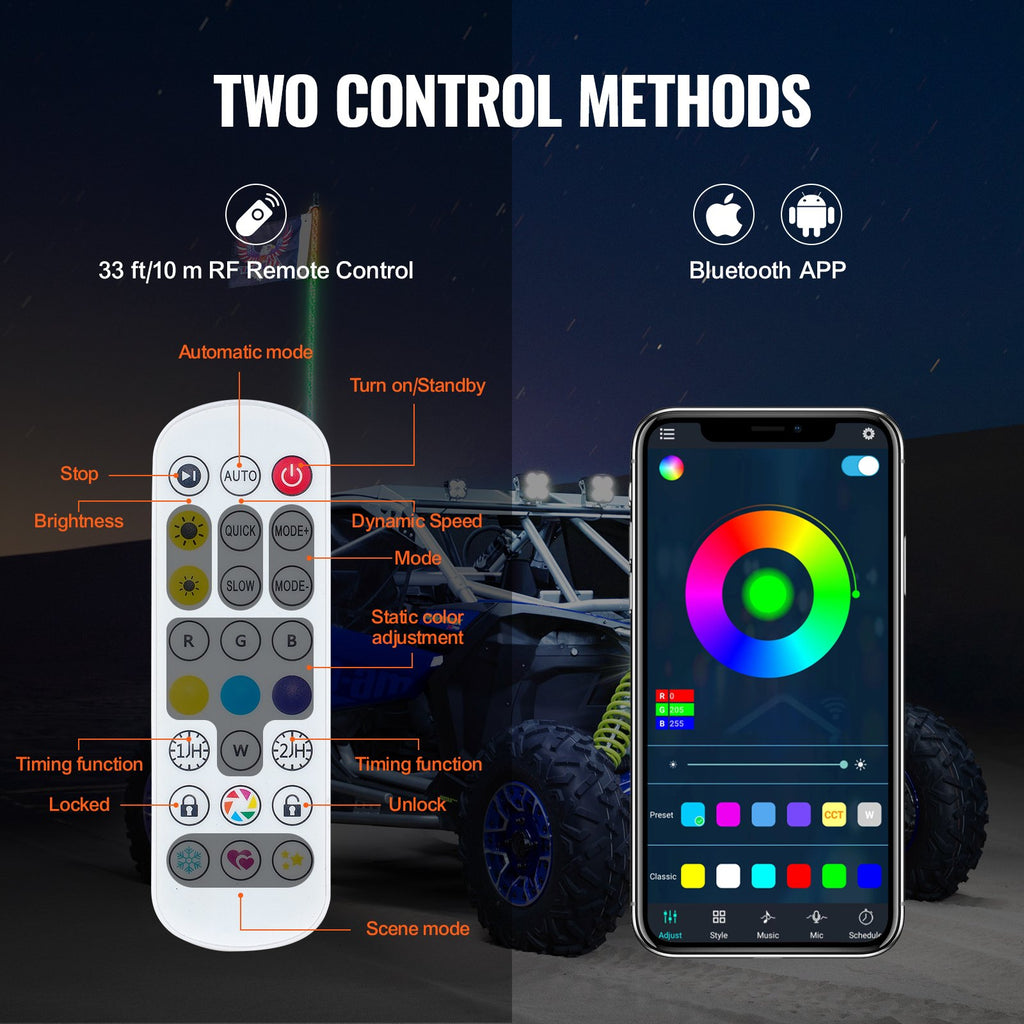 VEVOR 2 PCS 5 FT Whip Light, APP & RF Remote Control Led Whip Light, Waterproof Spiral RGB Chasing Lighted Whips with 4 Flags, for UTVs, ATVs, Motorcycles, RZR, Can-am, Trucks, Off-road, Go-karts