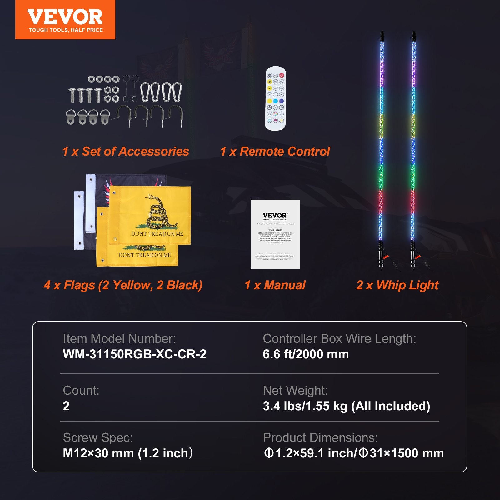 VEVOR 2 PCS 5 FT Whip Light, APP & RF Remote Control Led Whip Light, Waterproof Spiral RGB Chasing Lighted Whips with 4 Flags, for UTVs, ATVs, Motorcycles, RZR, Can-am, Trucks, Off-road, Go-karts