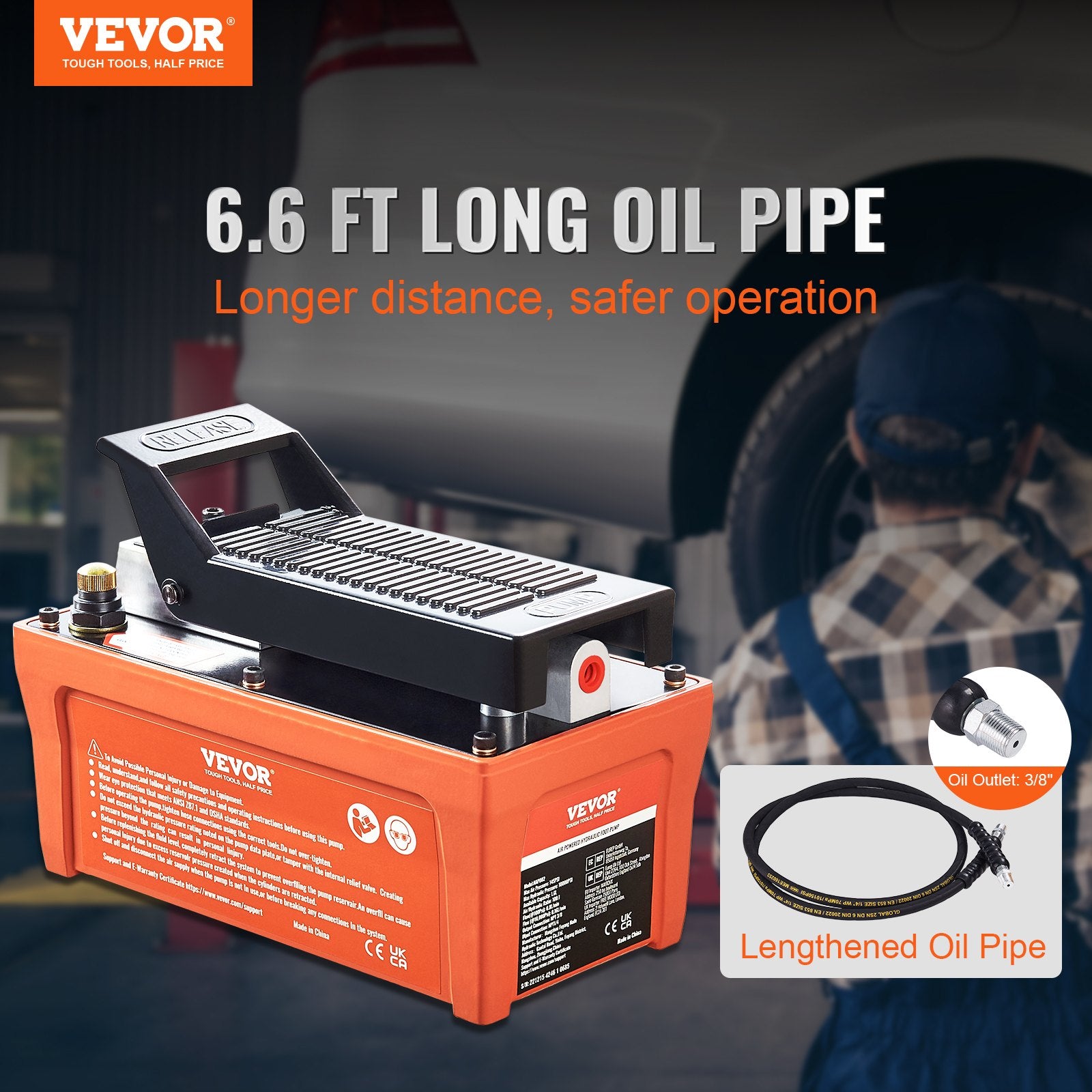 VEVOR Air Hydraulic Pump, 10,000 PSI 1/2 Gal Reservoir, NPT 3/8" Oil Outlet, NPT 1/4" Inlet, 6.6 ft Pipe, Foot Actuated Hydraulic Pump Air Treadle for Auto Body Frame Machines and Pulling Post, Orange