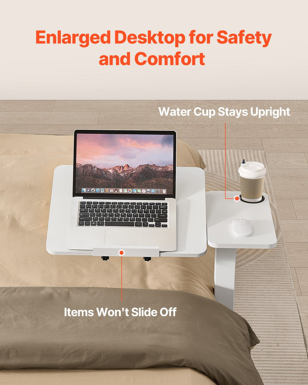 VEVOR Overbed Table, Mobile Bed Side Table with Flip Desktop and 4 Hidden Wheels, Height & Angle Adjustable Rolling Laptop Desk with Cup Holder, Portable Over Bed Desk for Home, Office, Study, White